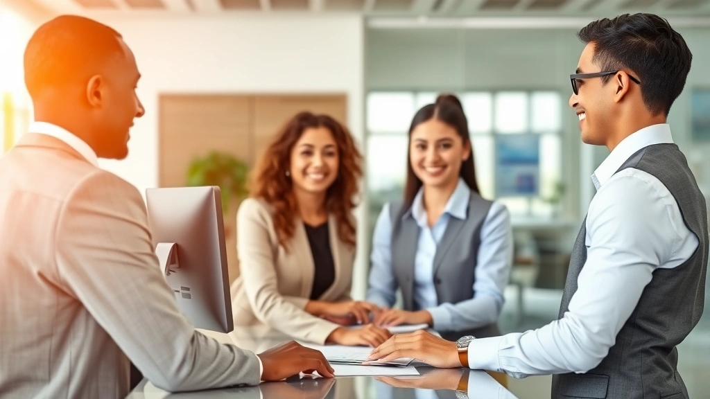 Friendly rental agent in professional business attire assisting diverse business client at modern rental counter, computer screens visible, contemporary office setting with glass windows, professional atmosphere