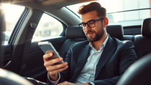 Professional business traveler checking smartphone in modern car interior, confident expression, sunlight streaming through window, contemporary automotive environment