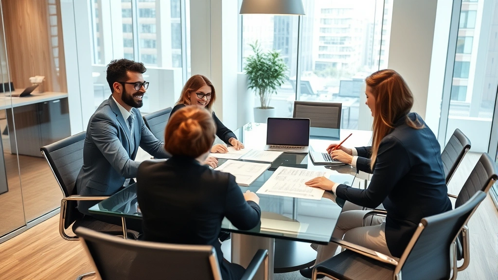 Corporate team members reviewing rental agreement documents at glass conference table, diverse professionals, laptops and tablets visible, modern office setting