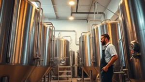 Modern craft brewery interior with stainless steel fermentation tanks, warm lighting, and professional brewing equipment visible through glass partitions, brewmaster in apron inspecting production line