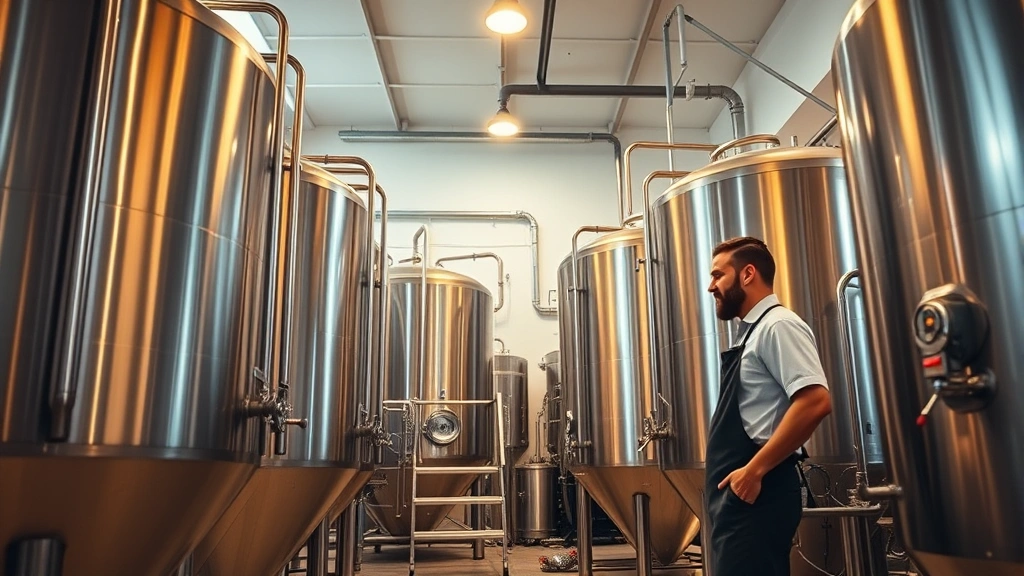 Modern craft brewery interior with stainless steel fermentation tanks, warm lighting, and professional brewing equipment visible through glass partitions, brewmaster in apron inspecting production line