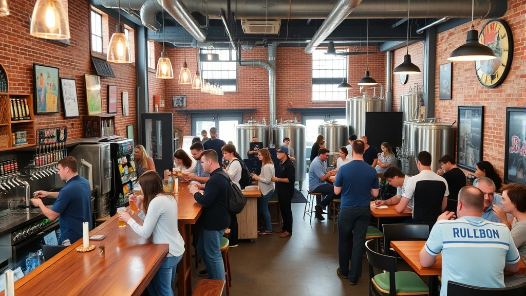 Bustling brewery taproom with wooden bar counter, customers enjoying craft beer, casual modern industrial design with exposed brick, pendant lighting, and comfortable seating areas