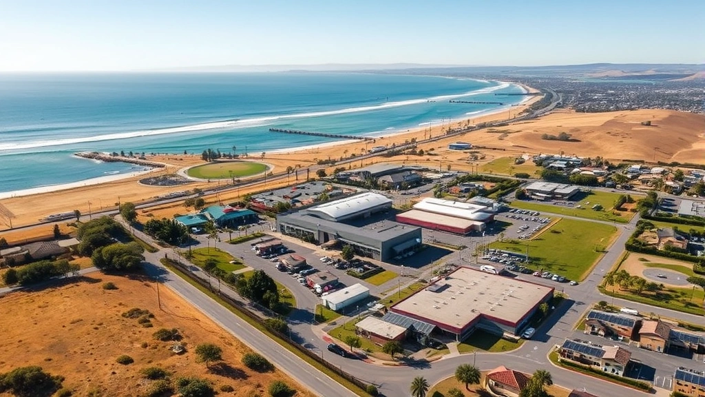 Aerial view of Carlsbad coastal landscape with brewery facility, beautiful California coastline in background, daytime clear weather, showing location advantage and community integration
