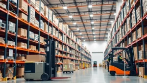 Professional logistics facility with organized warehouse shelving, modern forklift equipment, and uniformed personnel managing inventory in well-lit distribution center environment