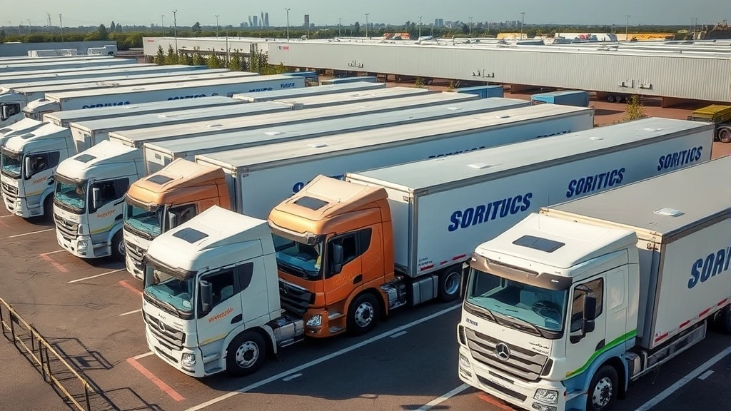 Fleet of modern commercial trucks lined up in organized parking lot with professional branding, showcasing well-maintained transportation vehicles in corporate logistics setting