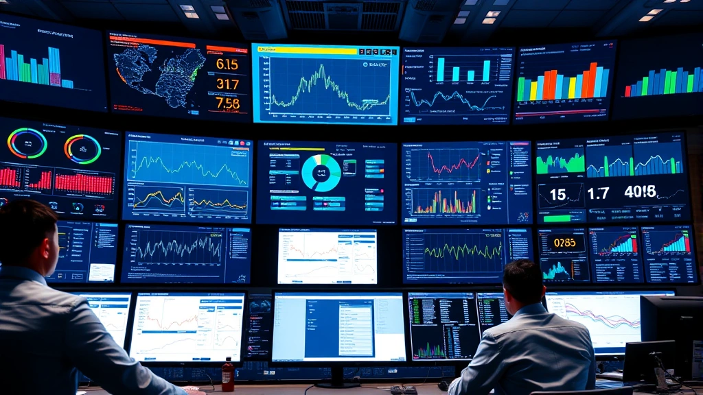 Control room with multiple digital display screens showing real-time tracking data, logistics metrics, and supply chain analytics with professional operators monitoring operations