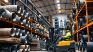 Industrial warehouse with organized metal coils, steel bars, and wire spools stacked systematically under bright overhead lighting, forklift operator in safety gear managing inventory