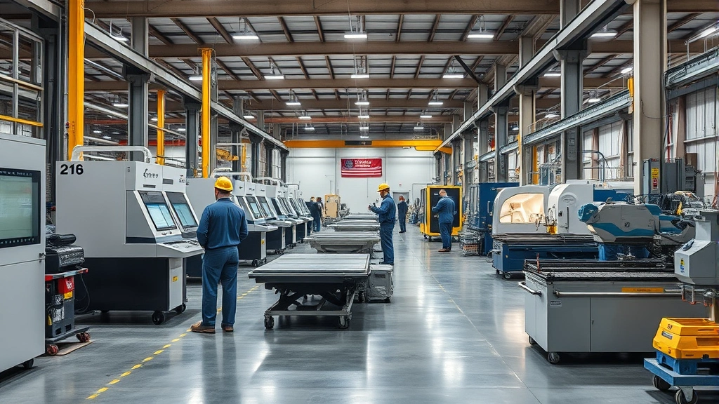 Professional manufacturing facility floor showing precision cutting and processing equipment, workers in safety equipment monitoring metal fabrication operations with quality control documentation visible