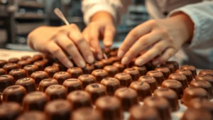 Close-up of artisanal chocolate candies being hand-crafted in a professional confectionery facility, showing detailed production techniques with skilled hands working with premium ingredients, warm lighting highlighting texture and quality