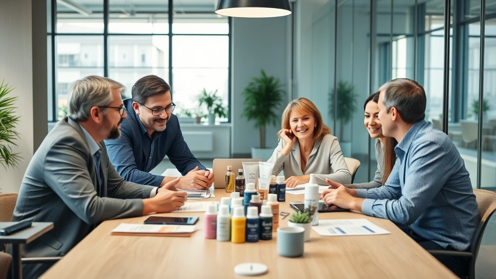 Multi-generational family business meeting in a modern conference room, diverse team members collaborating around a table with product samples, representing leadership transition and professional management practices