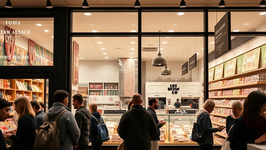 Bustling retail storefront interior with customers shopping, large windows showing candy production in background, warm inviting atmosphere with product displays and signage, representing experiential retail and brand heritage