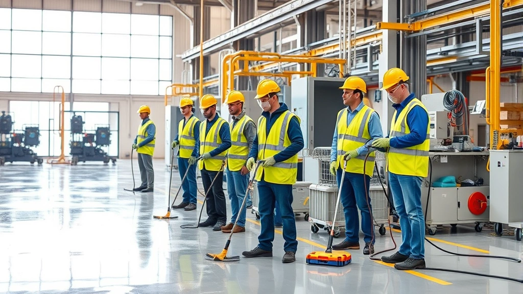 Professional industrial cleaning team in safety equipment performing specialized facility maintenance in modern manufacturing plant, focused workers with equipment, bright professional environment