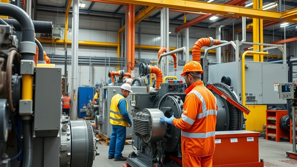 Heavy equipment and specialized machinery in industrial facility maintenance area, professional technicians in protective gear conducting preventive maintenance procedures