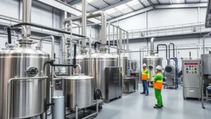 Modern chemical manufacturing facility with stainless steel reactors, control panels, and safety equipment in industrial warehouse setting, workers in protective gear monitoring operations