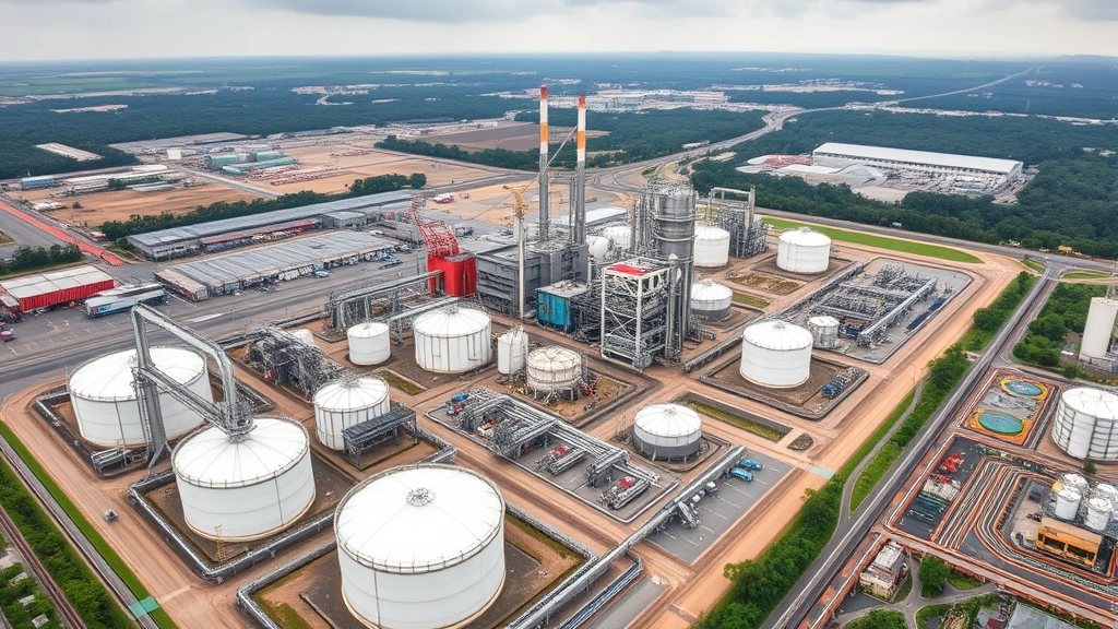 Aerial view of integrated chemical manufacturing complex with multiple production units, storage tanks, pipeline infrastructure, and industrial landscape in Malaysia