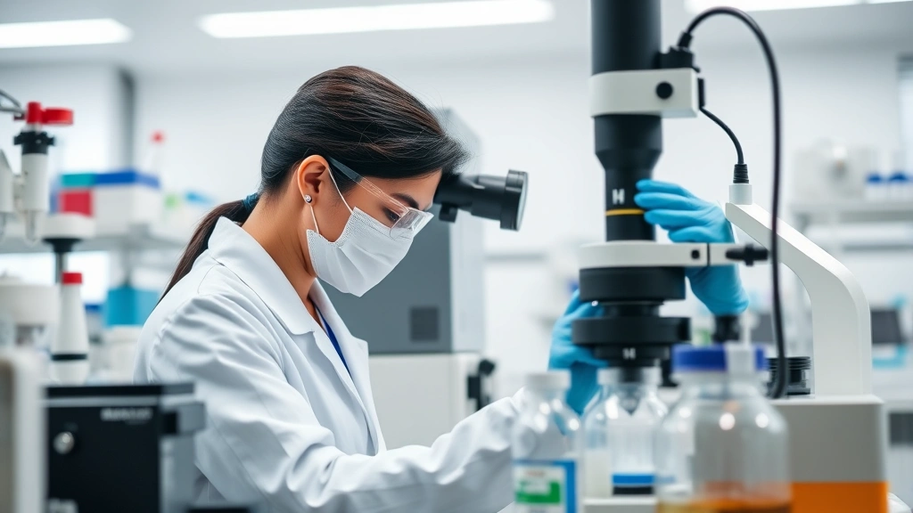Laboratory technician conducting quality testing on chemical samples using advanced analytical equipment in bright, professional research facility environment