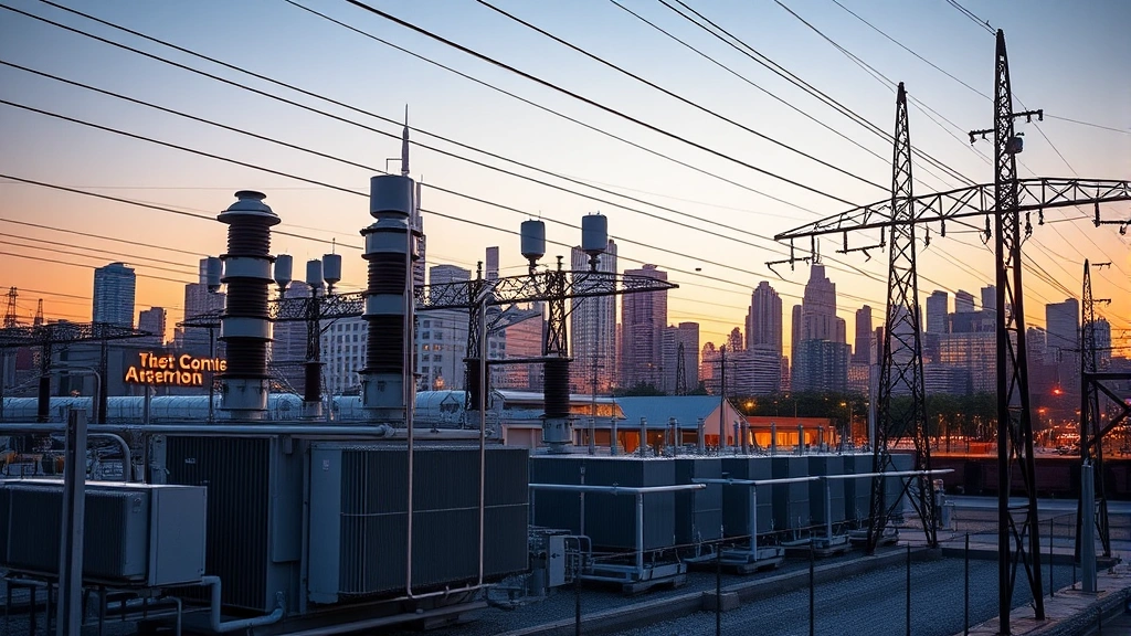 Modern electrical substation with transformers and transmission lines at dusk, urban Chicago skyline visible in background, contemporary infrastructure emphasizing technological sophistication and grid reliability