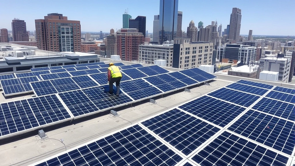 Solar panel array installation on commercial building rooftop in Chicago metropolitan area, clear sky, technicians in safety gear performing maintenance, demonstrating renewable energy integration and distributed generation