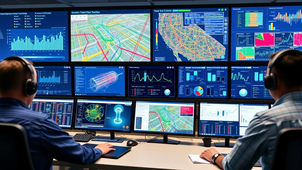 Smart grid control center with multiple display screens showing real-time energy data, grid maps, and analytics dashboards, operators monitoring system performance, representing advanced technology and data-driven utility operations