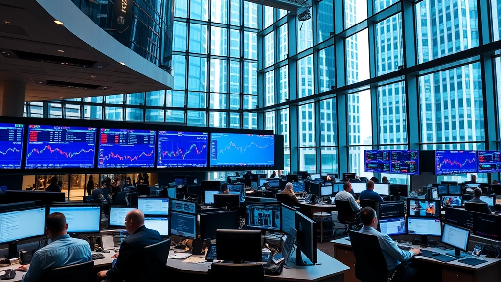 Professional trading floor with multiple monitors displaying real-time market data and charts, traders working intently at desks, modern downtown Chicago office building interior with glass and steel architecture