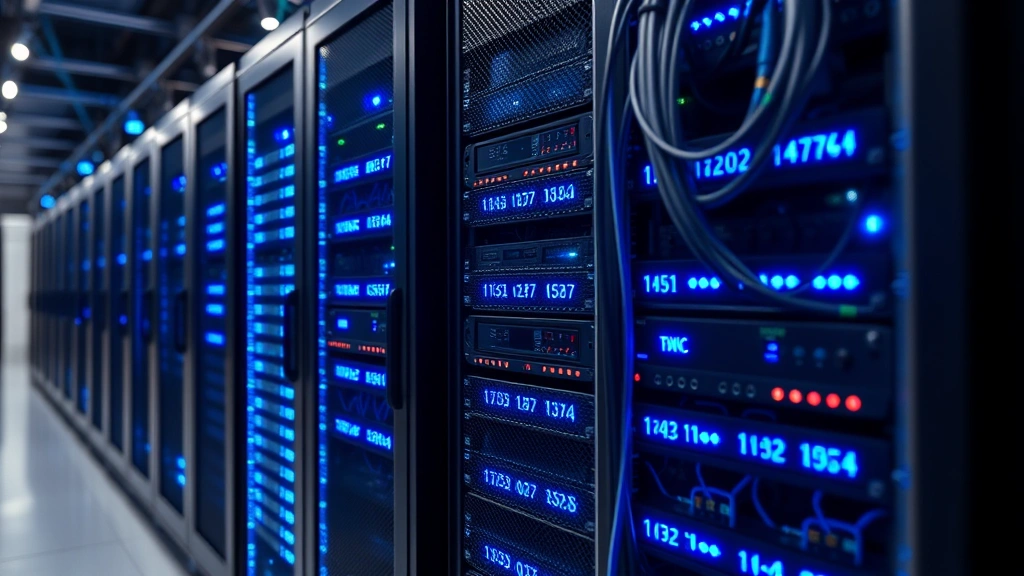 Close-up of computer servers and network infrastructure in a data center, blue LED lights, cables organized systematically, showing high-tech trading technology and computing power