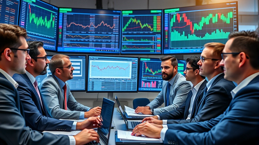 Diverse team of professional traders and analysts in business attire reviewing market analysis on large display screens, collaborative workspace with financial charts and graphs visible
