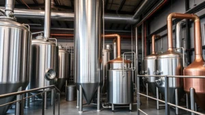 Professional craft brewery interior with stainless steel fermentation tanks, copper kettles, and industrial brewing equipment arranged in a modern facility with concrete floors and metal railings
