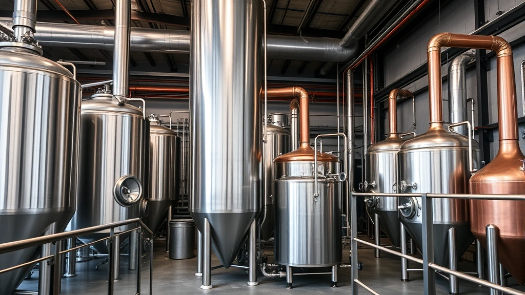 Professional craft brewery interior with stainless steel fermentation tanks, copper kettles, and industrial brewing equipment arranged in a modern facility with concrete floors and metal railings
