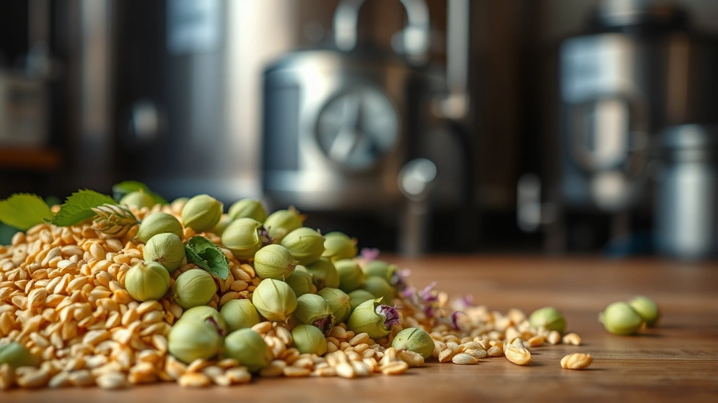 Close-up of malted barley grains and fresh hop flowers on a wooden table with brewing equipment blurred in background, showcasing raw craft beer ingredients