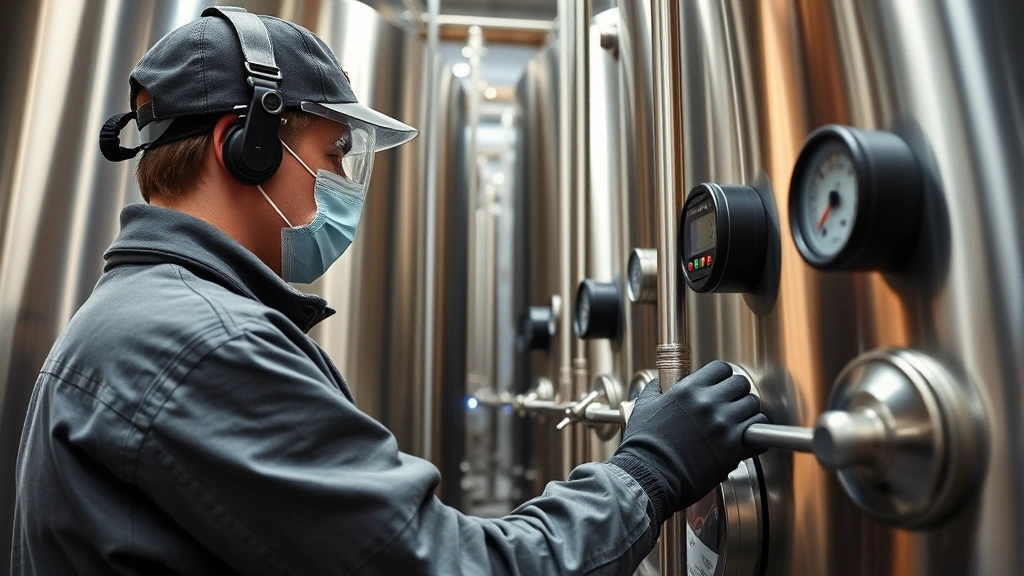 Experienced brewmaster in protective gear checking fermentation tanks with digital monitoring equipment and temperature gauges, demonstrating quality control in commercial brewery operations