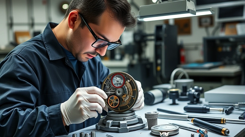 Professional watchmaker in precision manufacturing facility assembling luxury mechanical watch movement with specialized tools, clean workshop environment, focused craftsmanship, professional lighting, genuine American manufacturing setting