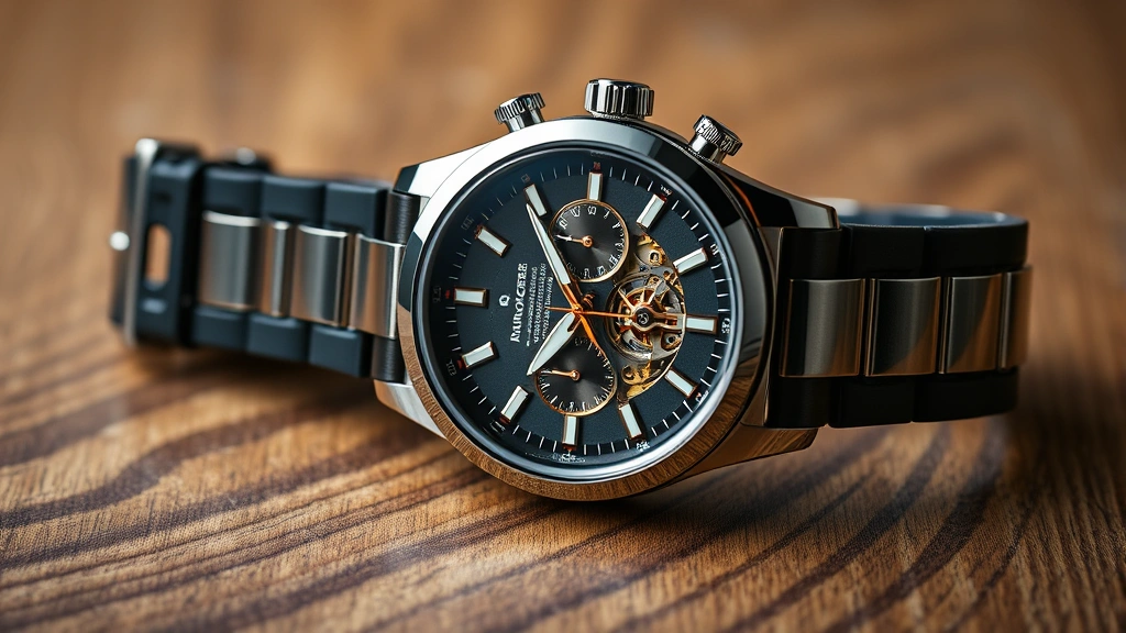 Luxury watch display on natural wood surface with soft professional lighting, detailed mechanical movement visible, product photography style, premium timepiece showcase, American craftsmanship emphasis, no text or branding visible