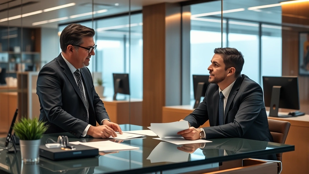 Professional banker in business suit consulting with small business owner at modern bank desk with financial documents and computer screens, warm office lighting, confident engaged discussion