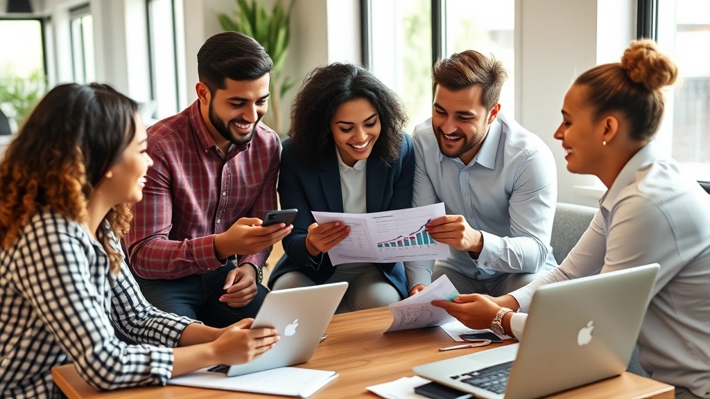 Diverse business team in casual meeting room reviewing financial reports and growth charts on tablet and laptop, collaborative atmosphere, natural daylight from windows, professional casual attire