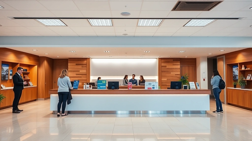 Bank branch interior showing customer service area with welcoming reception desk, professional financial advisors in background, modern clean design, customers conducting banking transactions, community bank environment