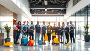 Professional cleaning team in modern office lobby with cleaning equipment and supplies, bright natural lighting, diverse team members smiling at camera, pristine floor and windows reflecting sunlight