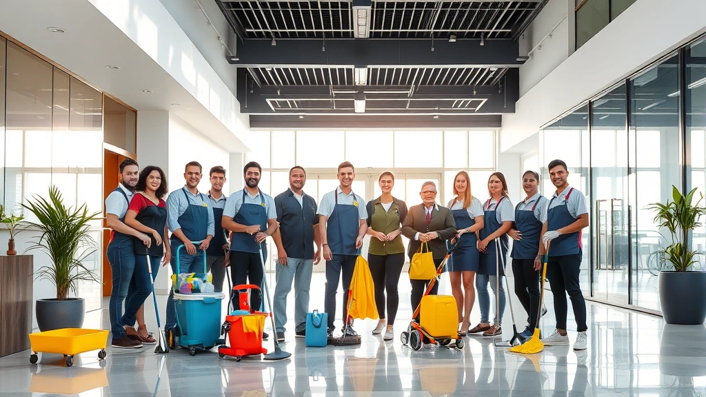 Professional cleaning team in modern office lobby with cleaning equipment and supplies, bright natural lighting, diverse team members smiling at camera, pristine floor and windows reflecting sunlight