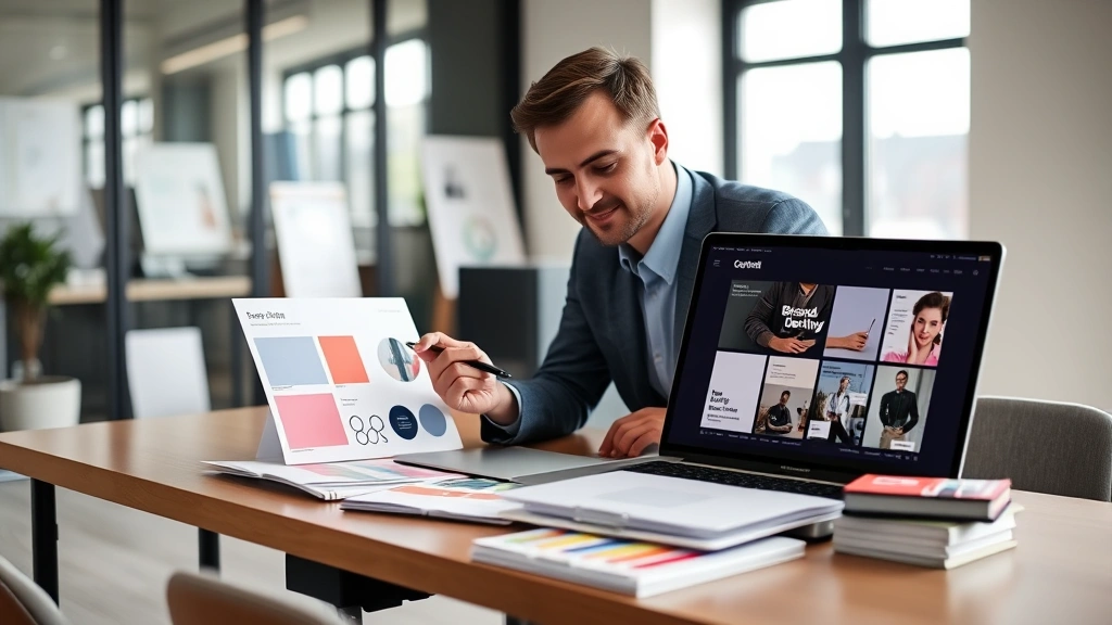 Business owner reviewing brand identity materials and company documentation at modern desk, laptop displaying website, notebooks and color swatches, professional office environment with natural light
