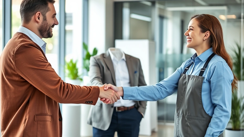 Customer satisfaction moment: commercial client shaking hands with cleaning service manager in professional office setting, both smiling, clean modern office space in background, natural lighting through windows