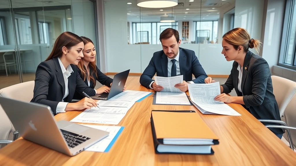 Professional business team in modern conference room reviewing company formation documents, articles of incorporation, and business registration paperwork with laptops and filing folders on table