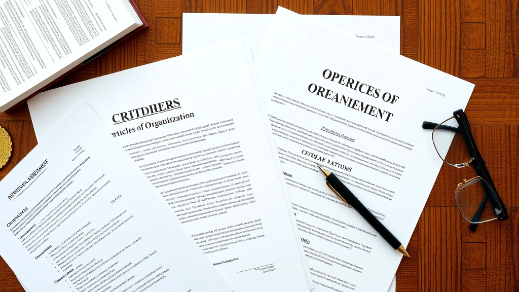 Overhead shot of organized business documents including articles of organization, operating agreement, tax forms, and corporate seal arranged on wooden desk with pen and glasses