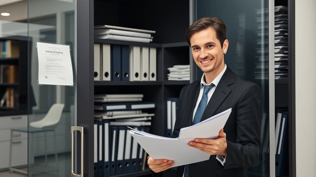 Legal professional in office reviewing completed certificate of incorporation and company registration documentation, filing documents in organized cabinet with satisfied expression