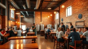 Modern industrial beer hall interior with exposed brick walls, wooden communal tables, customers socializing in warm lighting, craft beer taps visible in background, authentic brewery atmosphere