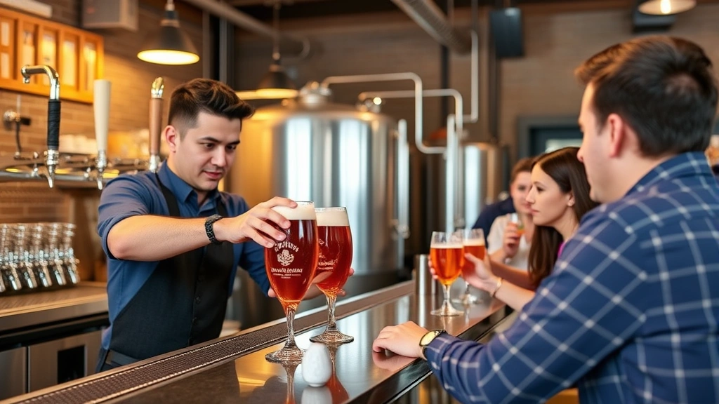 Professional bartender pouring craft beer into branded glassware, customers at bar counter engaged in conversation, brewery equipment visible, warm ambient lighting, craft beverage service excellence