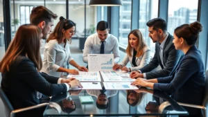 Professional business team collaborating in modern office environment with diverse members reviewing data and strategy documents on glass table