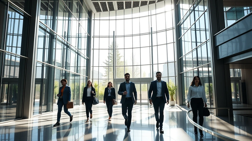 Modern commercial office building lobby with glass and steel architecture, professional business people in business casual attire walking through, natural light streaming through floor-to-ceiling windows, contemporary interior design, daytime shot, realistic photography