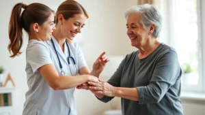 Professional physical therapist working with senior client in bright home setting, hands-on therapy demonstration, natural window lighting, warm supportive environment, client smiling