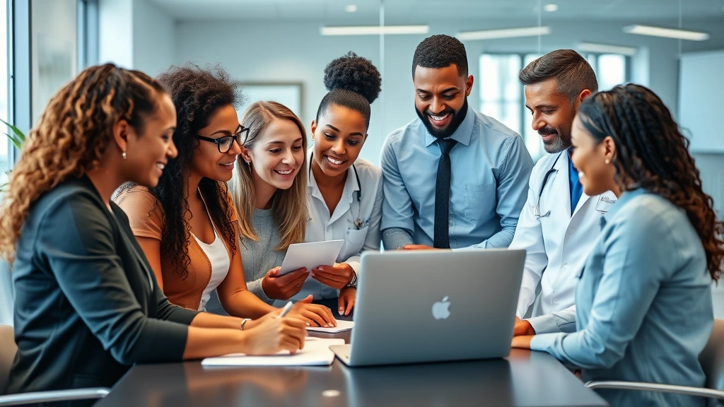 Diverse rehabilitation team in modern clinical office collaborating around laptop, reviewing patient charts and outcome data, professional business casual attire, inclusive workplace