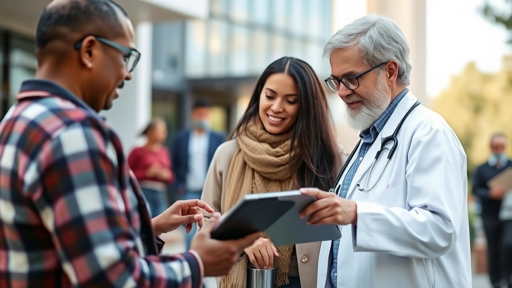Clinician using tablet for documentation while visiting client in community setting, modern healthcare technology integration, outdoor community environment in background