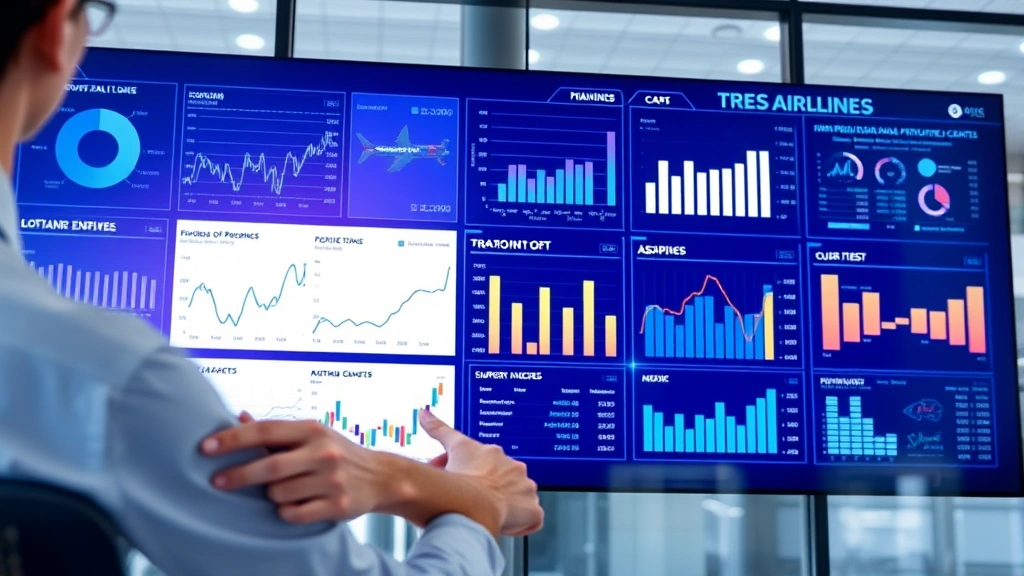 Professional airline executive reviewing financial charts and performance metrics on a modern digital dashboard in a corporate office setting, with graphs showing revenue trends and cost analysis